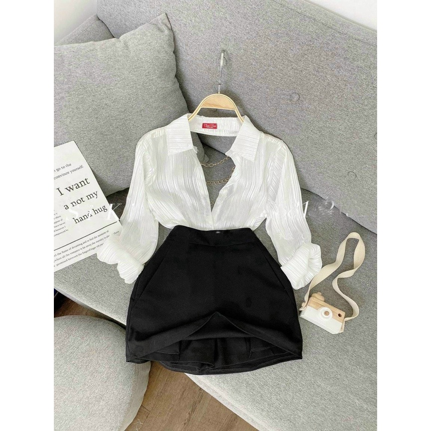 Áo sơ mi hở lưng đính xích cá tính chất tằm sọcc