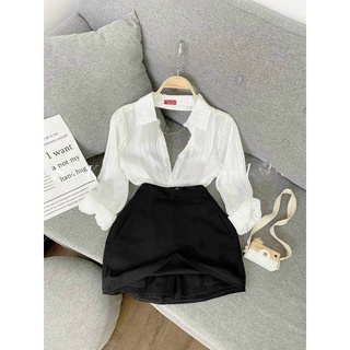 áo sơ mi tay dài chất tằm sọc phối hở lưng xích