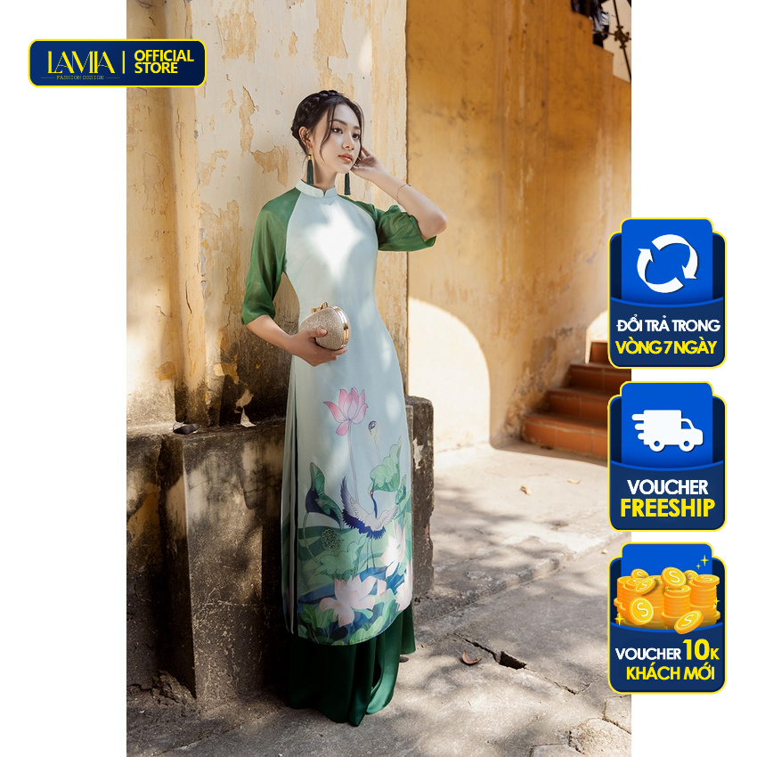 Áo dài truyền thống Lamia Design AD090 tơ óng cao cấp màu xanh pastel họa tiết hoa sen trang nhã