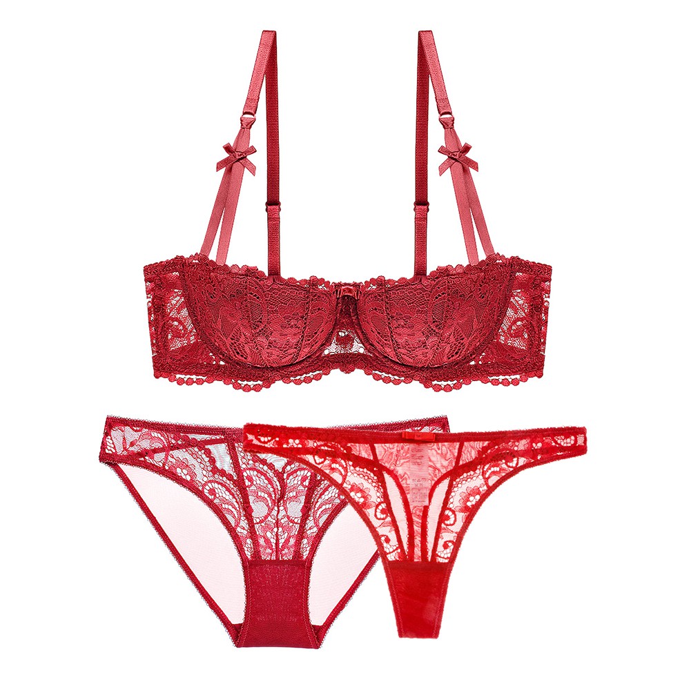 Bộ Đồ Lót Varsbaby 3 Món Gồm Áo Ngực Nửa Cúp Ren Hoa Quần Lót Thường Và Quần Lót Lọt Khe Vải Mỏng Cho N