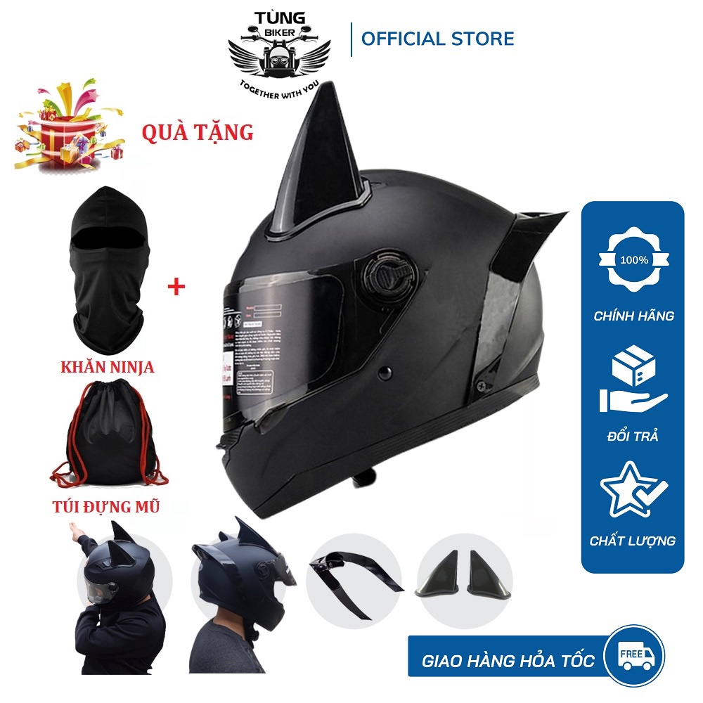 Mũ Bảo Hiểm Fullface AGU Trơn Kèm Sừng, Đuôi Gió Siêu Chất (Tặng Khăn Trùm Ninja + Túi)