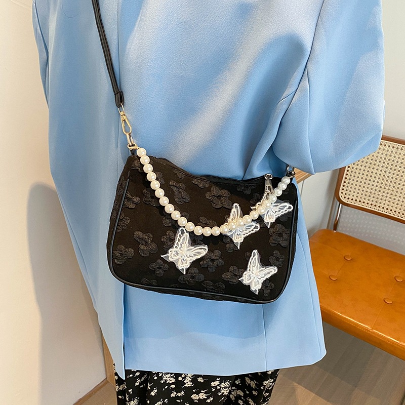 Túi Đeo JASMIN NOIR Vai Nắp Gập Vải Canvas Đính Ngọc Trai Nhỏ Nhắn Dành Cho Bạn Nữ