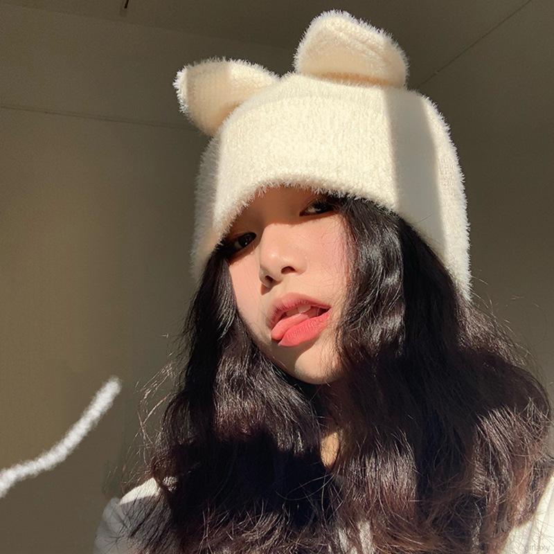 Nón len beanie trơn màu đính tai thỏ xinh xắn dành cho nữ