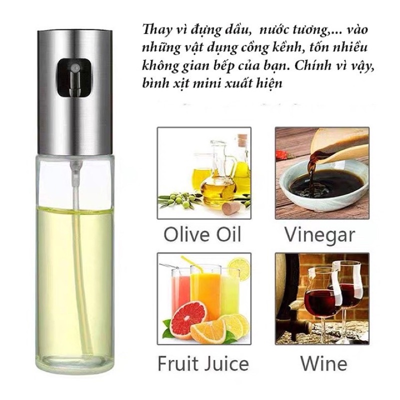 Chai xịt dầu ăn, Bình xịt dầu ăn phun sương cho nồi chiên không dầu bằng thủy tinh tiện lợi 100ml