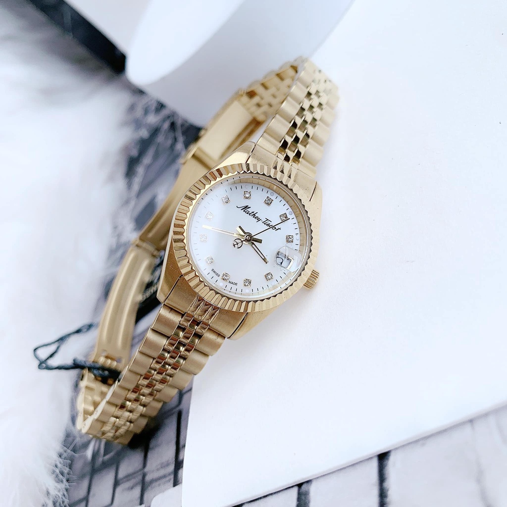 Đồng hồ nữ Mathey Tissot mặt trắng, dây vàng D710PI