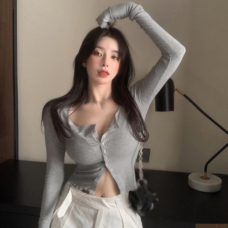 Áo kiểu croptop tay dài màu trơn phong cách Hàn Quốc thời trang đơn giản dành cho nữ