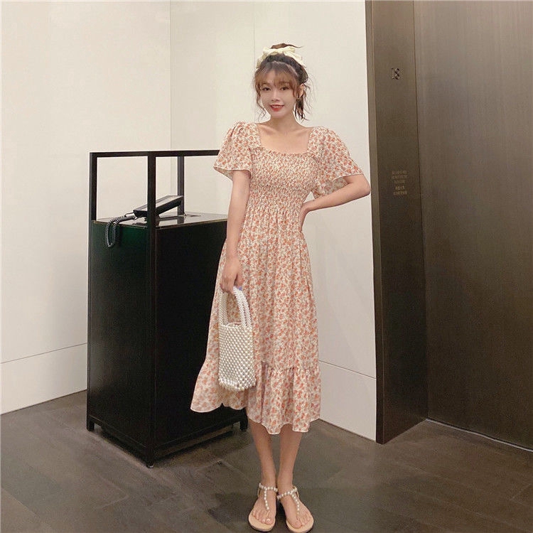 Đầm Maxi Chiffon Tay Ngắn Phối Bèo Họa Tiết Hoa Thanh Lịch Cho Nữ