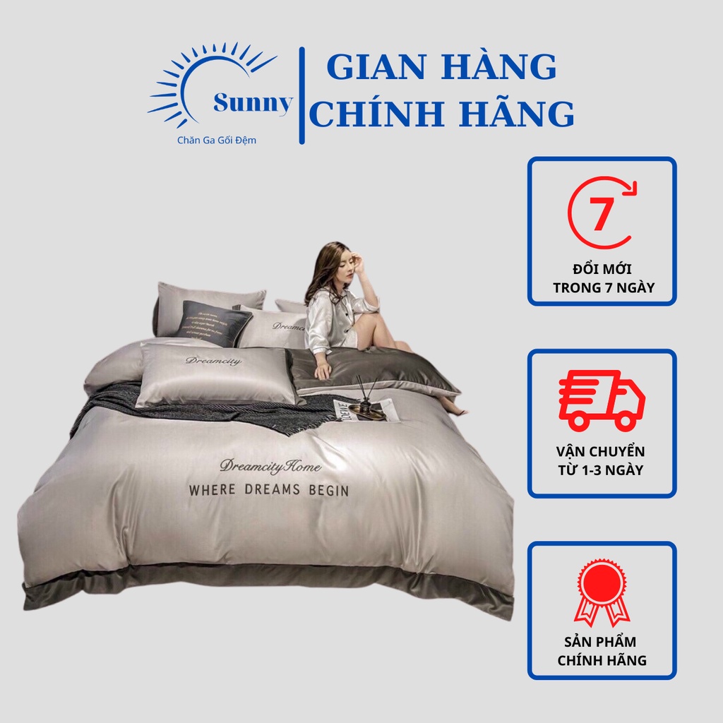 Chăn Ga Gối Phi Lụa Dream City 4 món đơn sắc phối 2 màu hàng nhập khẩu sang trọng | BigBuy360 - bigbuy360.vn