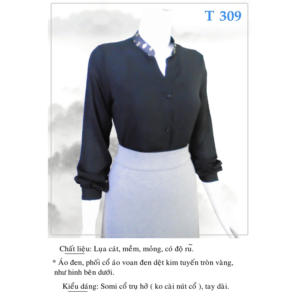 Áo somi cổ trụ, tay dài, màu đen phối ren, voan _ T 263 309
