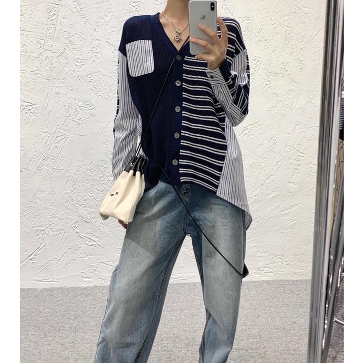 Áo cardigan phối áo sơ mi đuôi tôm dáng dài rộng cho nữ thời trang quảng châu cao cấp