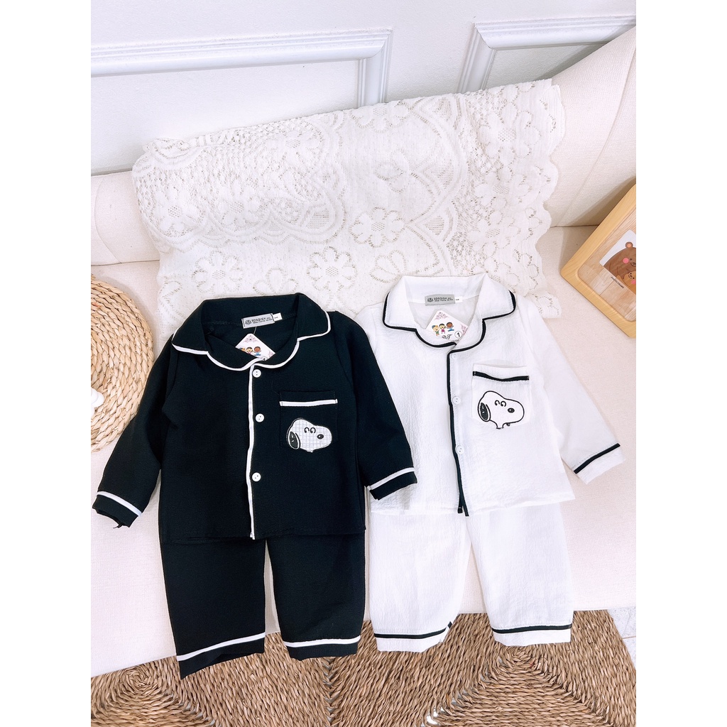 Pijama cho bé, bộ pijama đũi xốp chạy né họa tiết chú chó trên túi ngực cho bé trai bé gái