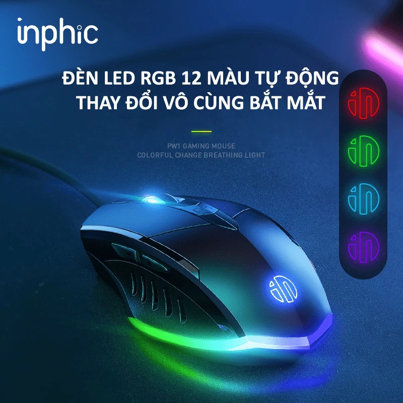Chuột máy tính có dây INPHIC PW1PRO gaming cho game thủ kèm đèn led RGB 12 màu với độ DPI lên đến 7200DPI - NK