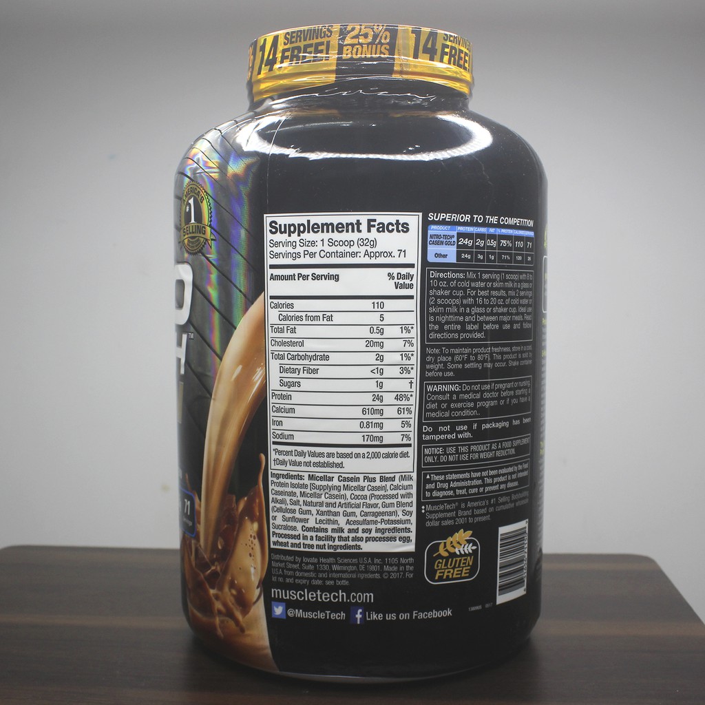 Sữa tăng cơ NitroTech Casein Gold của MuscleTech hộp 71 lần dùng hỗ trợ xây dựng và phát triển cơ bắp suốt 8 tiếng