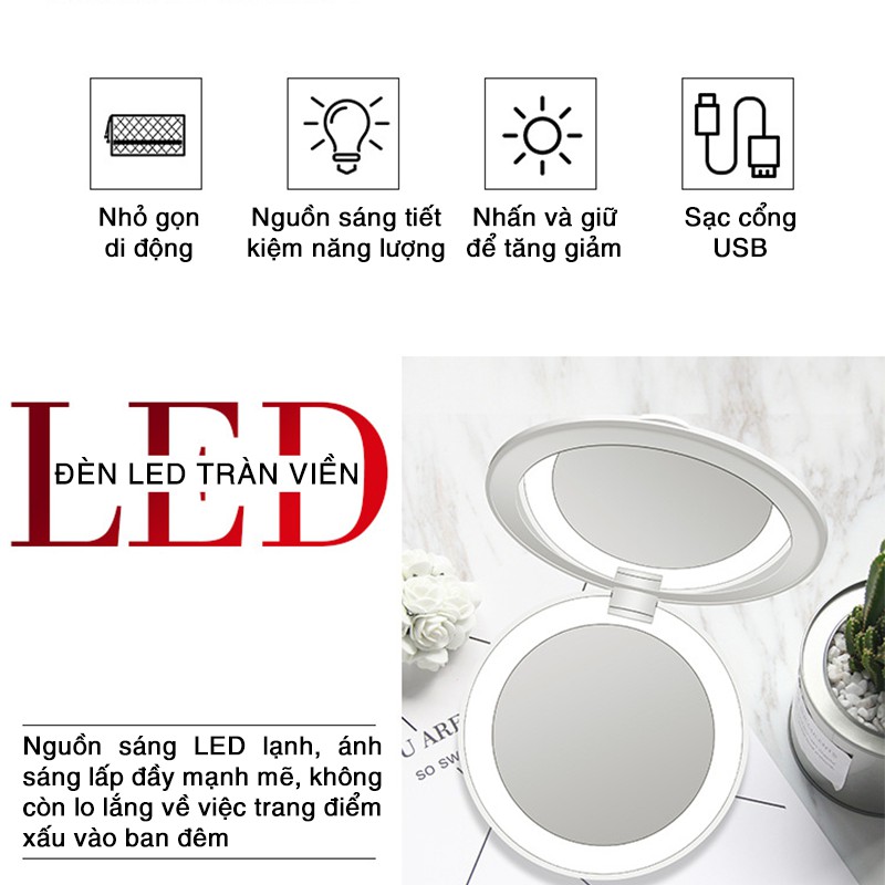 Gương Đèn Led HOTKết Hợp Pin Sạc Dự Phòng 3000mAh Gương Trang Điểm Độ Nét Cao, Zoom 3X,Siêu Tiện Lợi BH [6 Tháng]