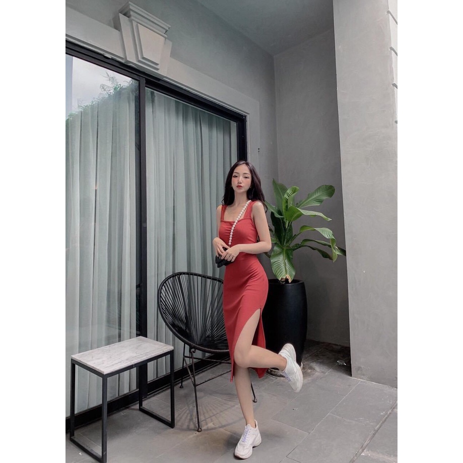 Đầm hai dây bản to xẻ tà, váy body tôn dáng chất thun co giãn thoải mái thích hợp mặc đi chơi, đi làm, đi tiệc