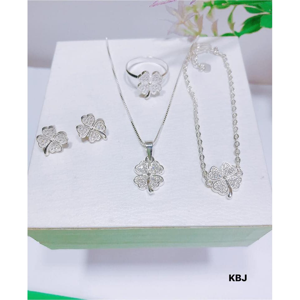 Bộ Dây Chuyền+bông Tai+Nhẫn Hình Cỏ Ba Lá Bằng bạc