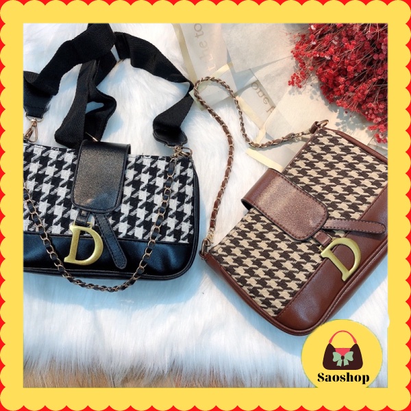 Túi xách kẹp nách đeo chéo chữ D chất liệu da pha thổ cẩm thời trang hót 2022