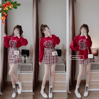 Set áo thun BE tay dài chân váy caro đỏ
