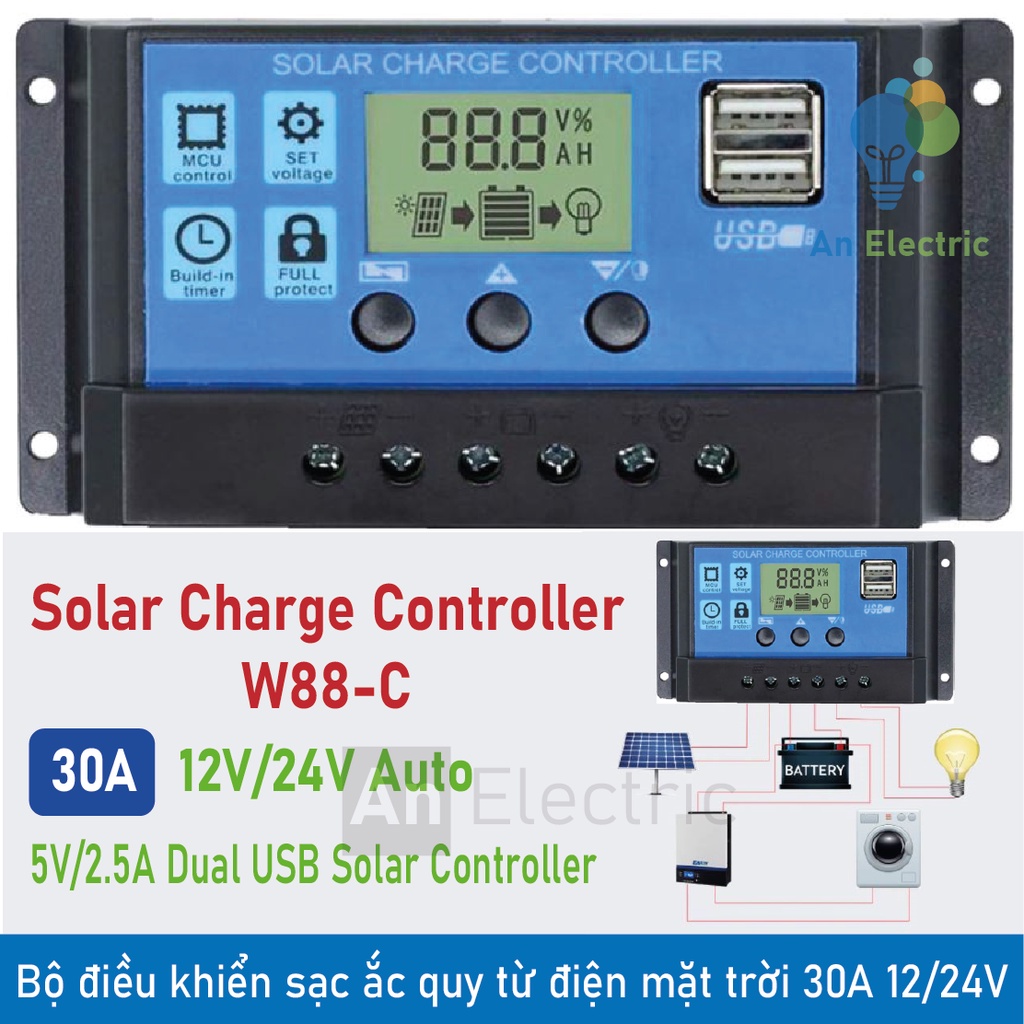 Bộ sạc ắc quy từ điện mặt trời dòng sạc 30A 12/24V và 2 ngõ ra USB 5V-2.5A W88-C