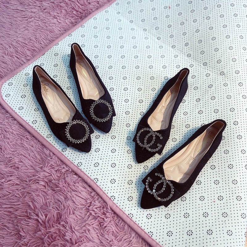 Hài nữ đính đá siêu mềm mũi nhọn chất da lộn đá đính sáng đẹp, đi êm chân