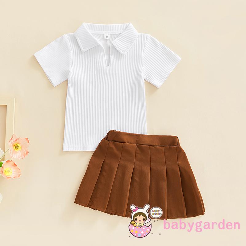 Set Áo Thun Ngắn Tay Cổ Chữ V Kèm Chân Váy Xếp Ly Cho Bé Gái 1-6 Tuổi