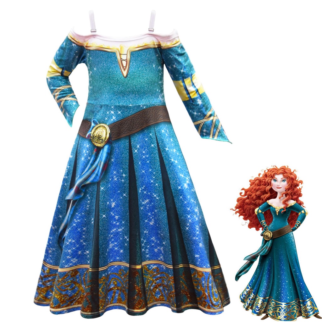 2022 Girls Princess Merida Costume Brave Cosplay Costume Vintage Long Sleeve Shoulderless Dress Birthday Party Dresses