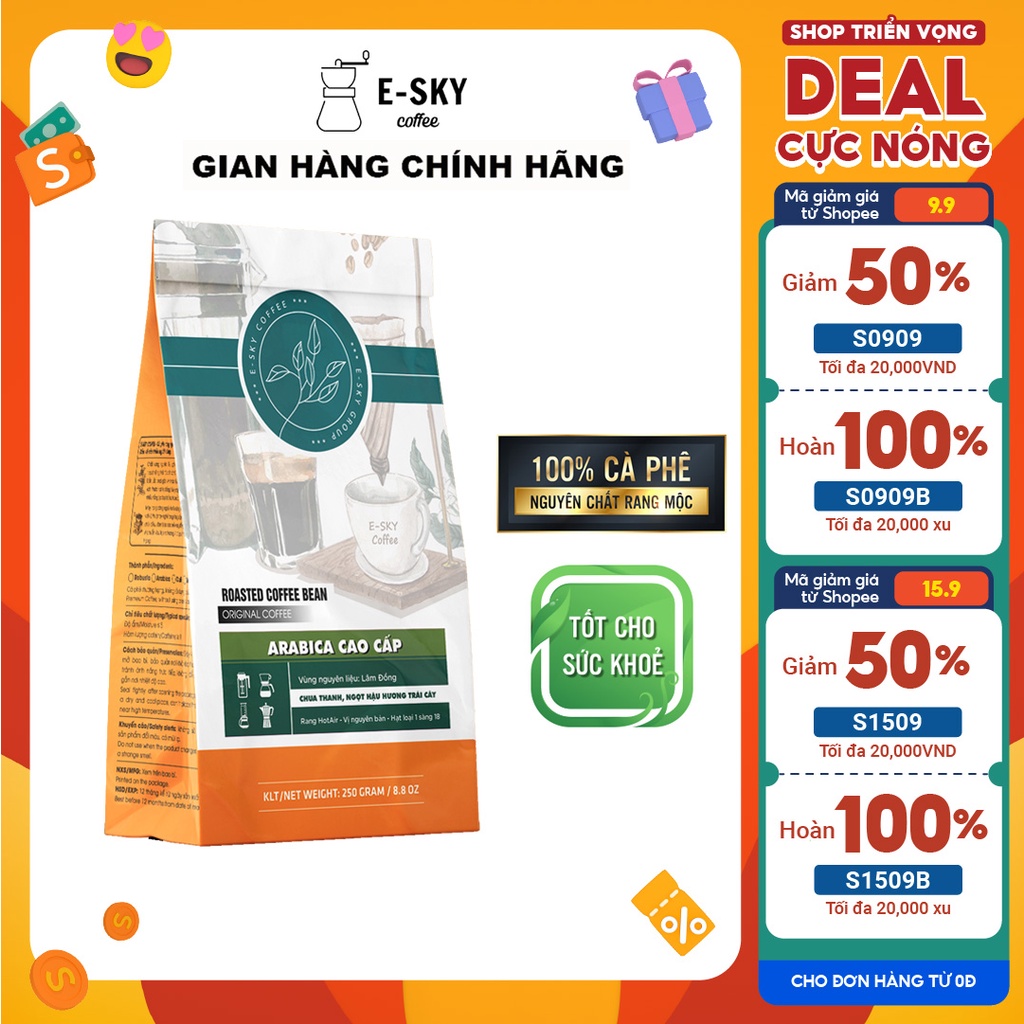 Cà Phê Rang Xay Nguyên Chất Arabica Cầu Đất E-sky Coffee Cafe Pha Phin Pha Máy Cold Brew 250g-500g