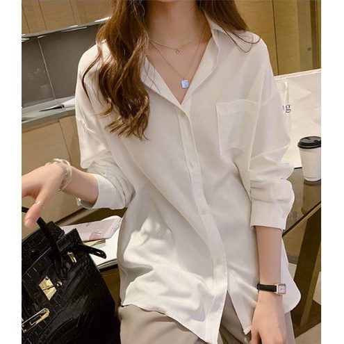 Áo Sơ Mi From Rộng MOLA Màu Trắng Dáng Dài 1 Túi Kiểu Hàn Quốc Vintage Ulzzang Tiểu Thư Bánh Bèo Chất Đũi | BigBuy360 - bigbuy360.vn