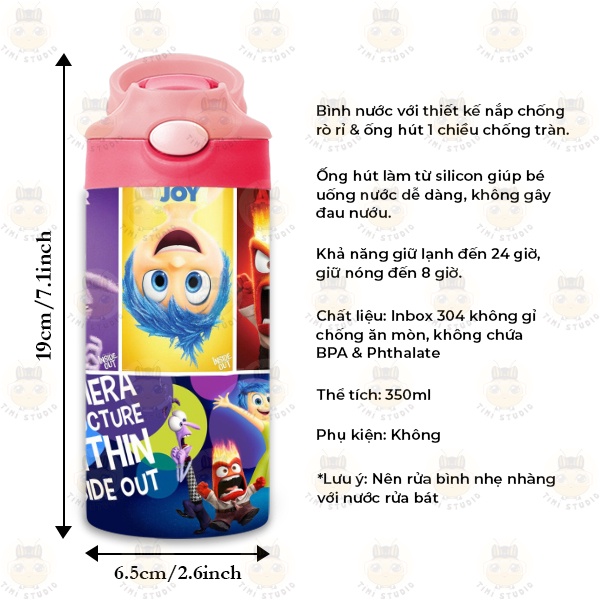 Bình Uống Nước Giữ Nhiệt Cho Bé Có Ống Hút Hình Những Mảnh Ghép Cảm Xúc - Tỉ Mỉ Studio - Mã 2808KT03