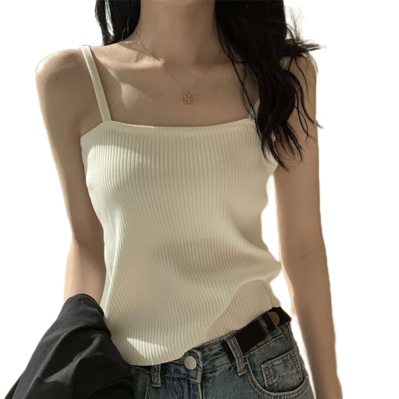 Brroa Áo Croptop Dệt Kim Lụa Lạnh Hai Dây Mỏng Màu Trơn Gợi Cảm Cho Nữ