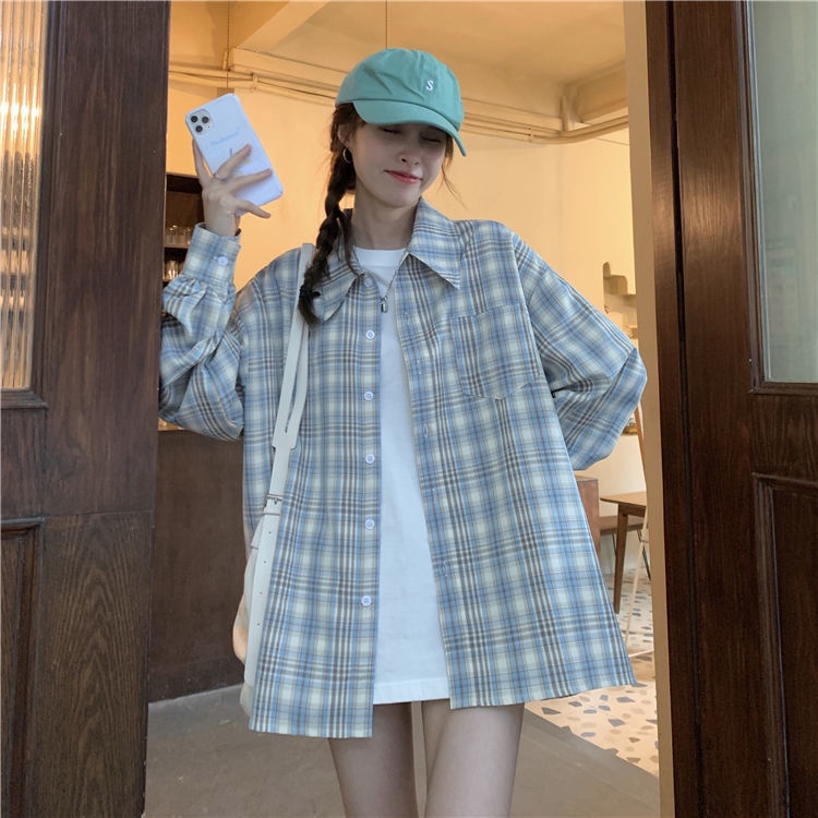 Áo Sơ Mi Caro Tay Dài Dáng Rộng Phong Cách Hàn Quốc Cho Nữ