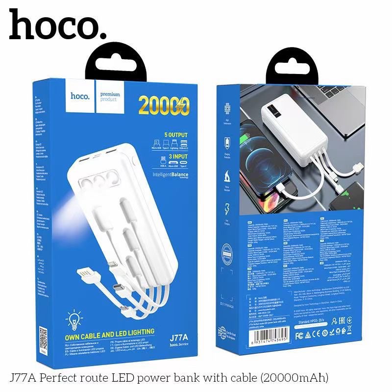 Pin sạc dự phòng đa năng Hoco J77A (20000mAh) đèn LED hiển thị, kèm cáp liền Ligntning, Micro, Type-C - Chính hãng