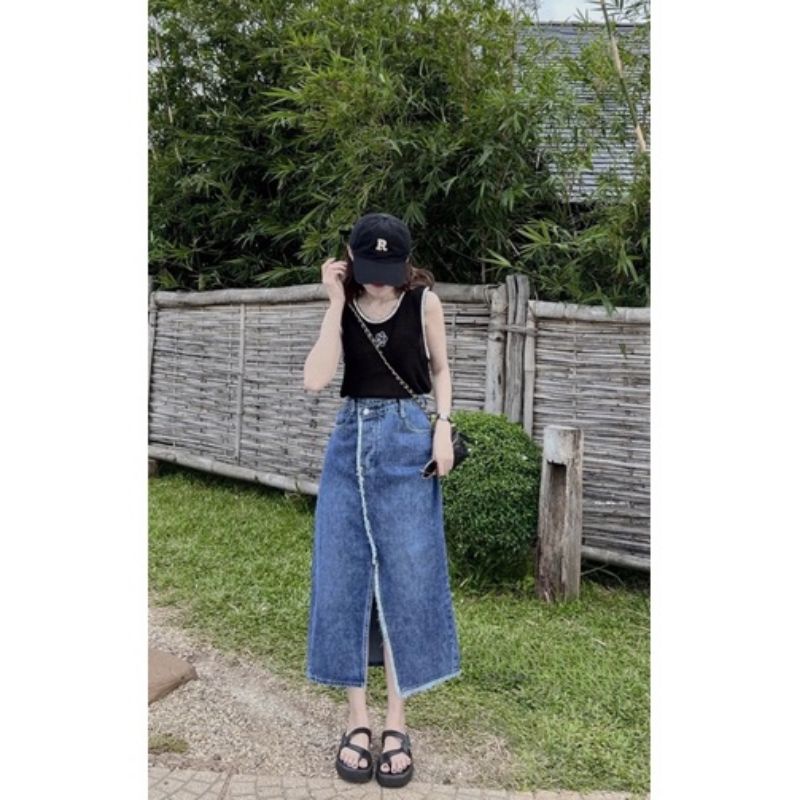 Chân váy jean dáng dài chữ A cạp cao xẻ trước vát chéo phong cách Ulzzang Hàn Quốc CV01 Lysa Store