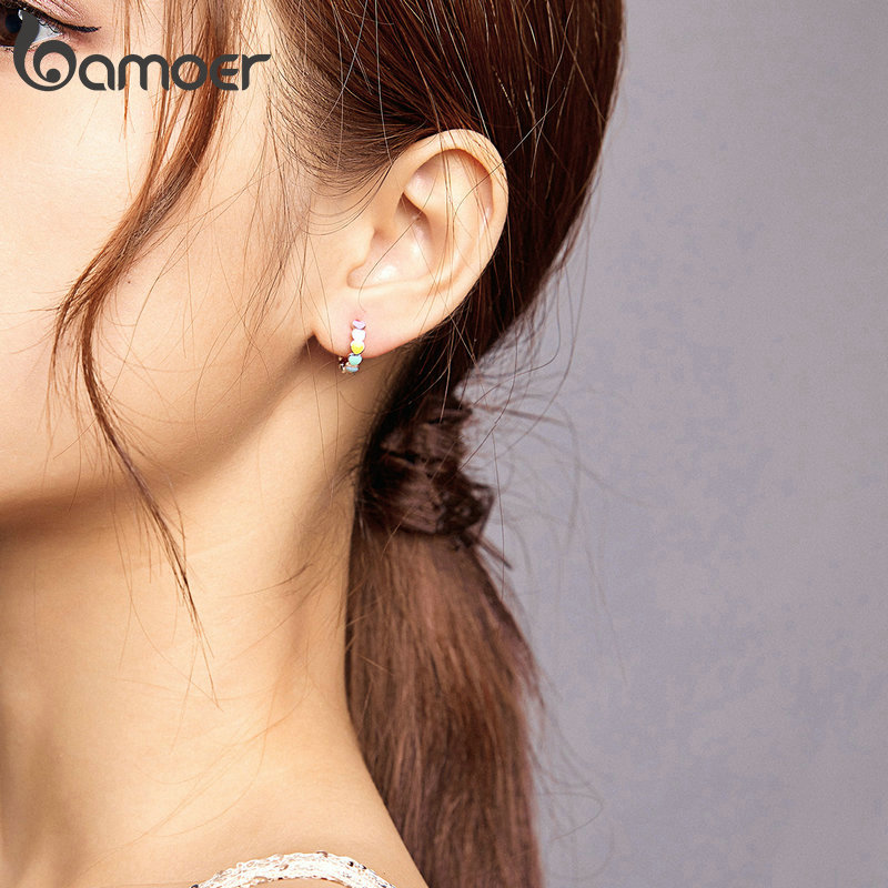 Hoa tai Bamoer SCE909 bạc 925 tráng men màu cầu vồng kiểu trái tim thời trang 2020 dành cho nữ
