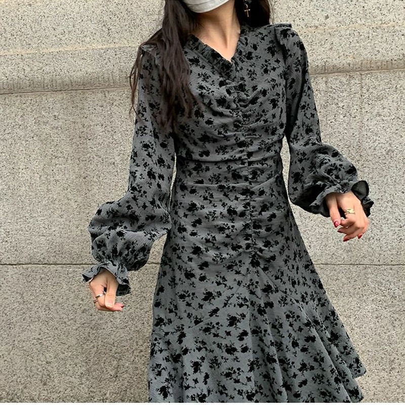 Đầm Hoa Dáng Dài Chiết Eo Phong Cách Retro Hàn Quốc Mới
