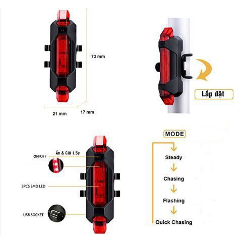 Đèn LED Chiếu Hậu Xe Đạp Cảnh Báo An Toàn Chống Thấm Nước