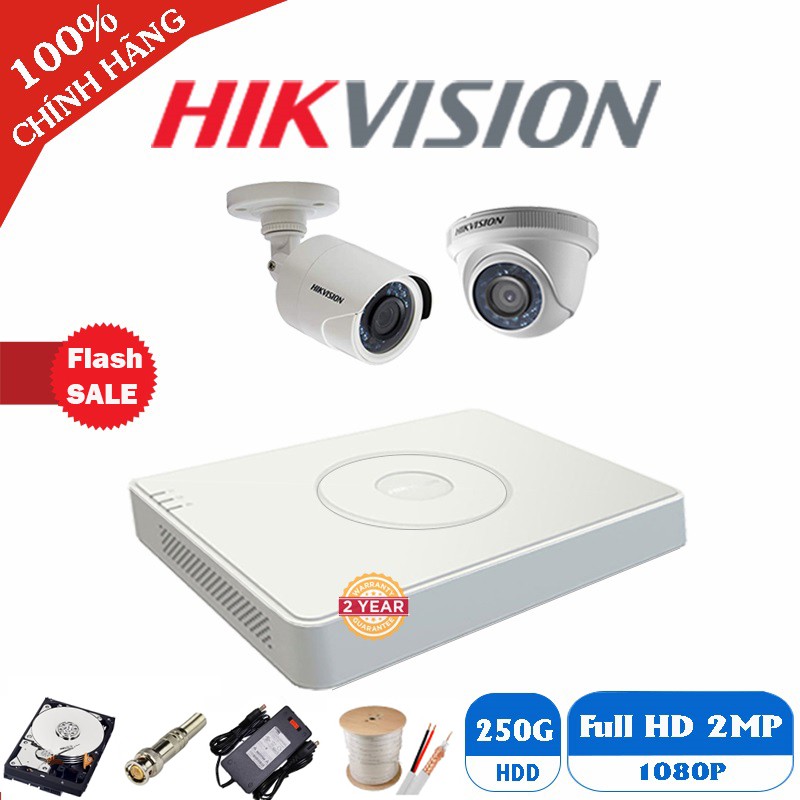 Trọn Bộ 2 Camera giám sát Hikvision Full HD 1080P - 2M + Full phụ kiện để khách tự lắp