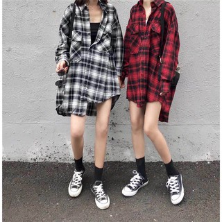 ÁO ULZZANG SƠ MI NỮ DÁNG OVERSIZE CA RÔ ĐẸP CHẤT COTTON MỀM