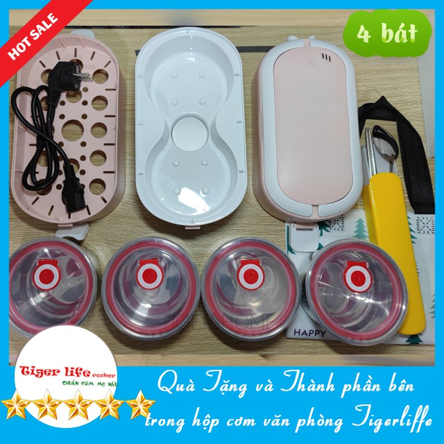 Hộp Cơm Hâm Nóng Cắm điện MINISTYLE - Tigerlife Tặng Kèm Bộ Đũa,Túi Xách 4 Bát-2 Bát BH 12 Tháng Lỗi 1 đổi 1