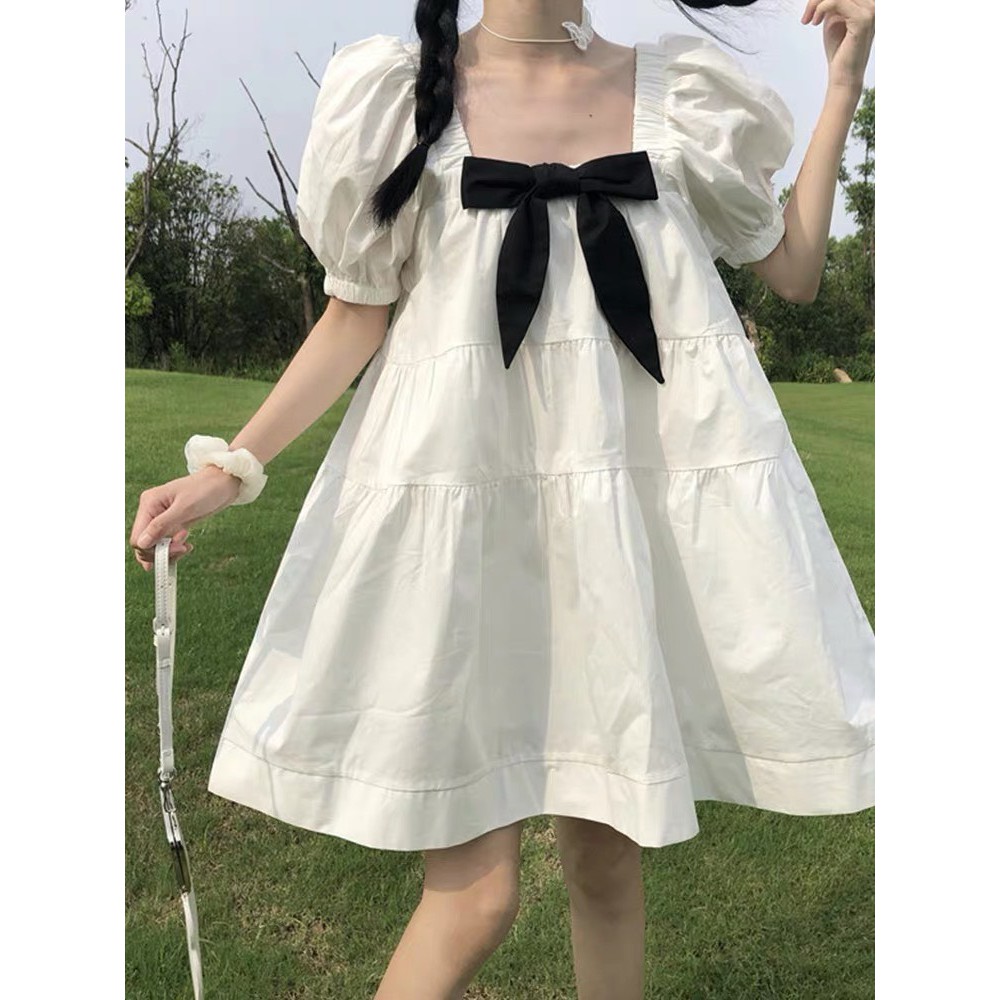 Đầm Babydoll Trắng Cổ Vuông Nơ Cài 🦋FREESHIP🦋 Váy Nữ Cộc Tay Nơ Đen Dáng Xòe