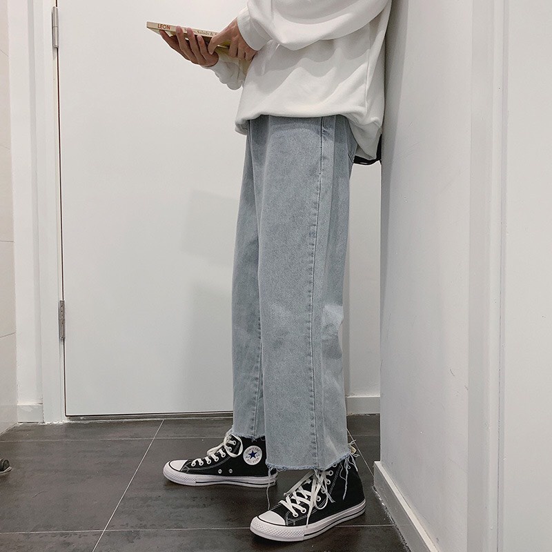 Quần jean baggy xanh unisex, rách gấu ống suông phong cách Hàn Quốc 2021 - BD CLOTHES | BigBuy360 - bigbuy360.vn