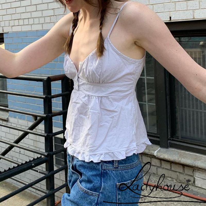 Áo Yếm Hai Dây Cổ Chữ V Sâu Màu Trơn / Sọc Caro Thời Trang Mùa Hè Cho Nữ