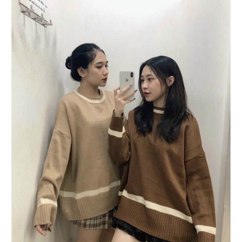 Áo Len Tay Dài thiết kế cổ tròn đơn giản sọc phần viền tạo điểm nhấn diện mùa thu đông style ullzang basic