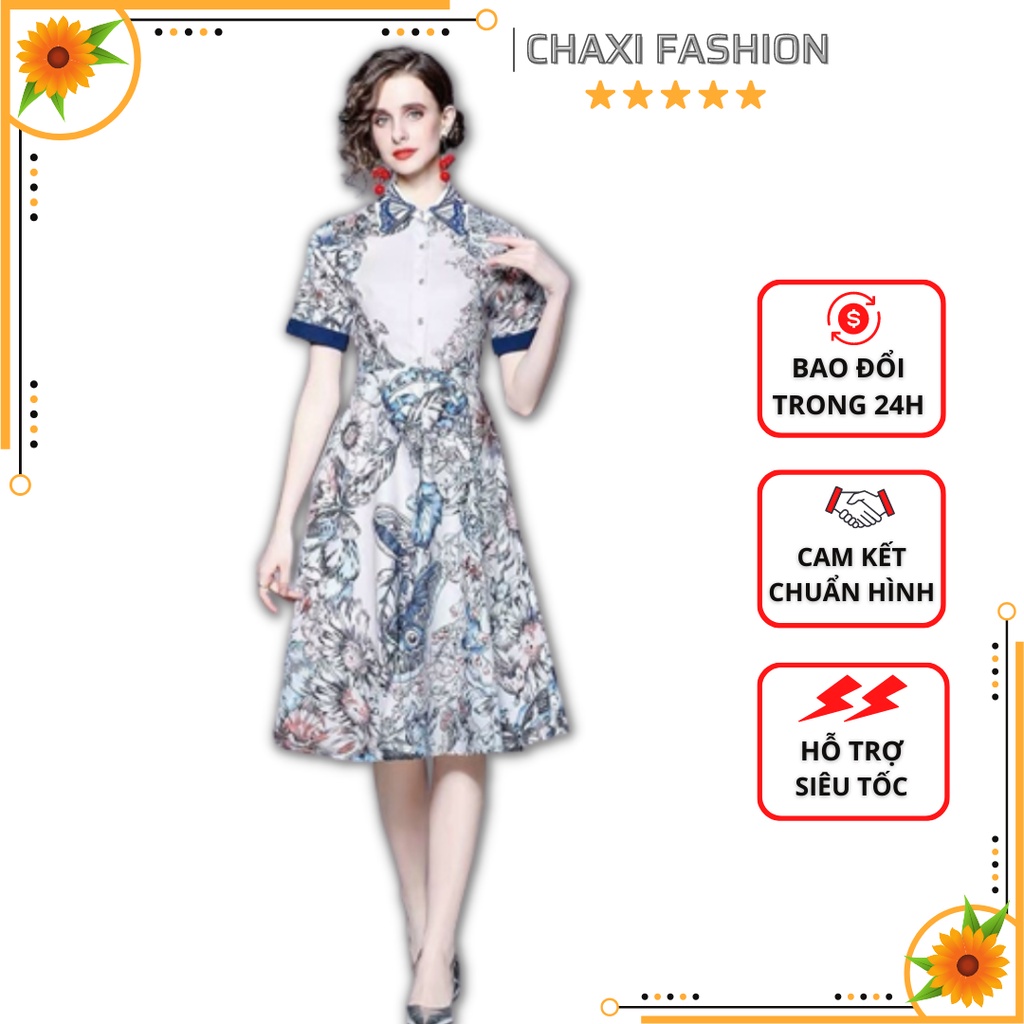 HÀNG NHẬP - ĐẦM XÒE LỤA HOA CỔ SƠ MI IN CÁNH BƯỚM SIÊU SANG - KBT442395