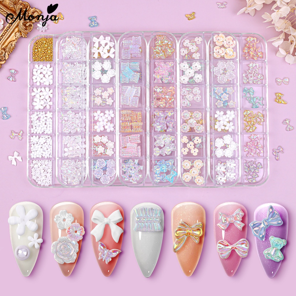 Monja Phụ Kiện Trang Trí Móng Tay Nghệ Thuật 3D Nhiều Màu Sắc Hình Nơ/Gấu/Hoa Trà/Hoa Trà Lấp Lánh Xinh Xắn