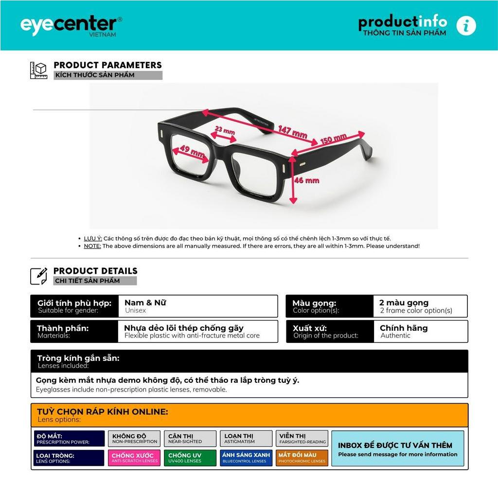 Gọng kính cận nam nữ chính hãng EYECENTER C38S nhựa dẻo nhập khẩu by Eye Center Vietnam
