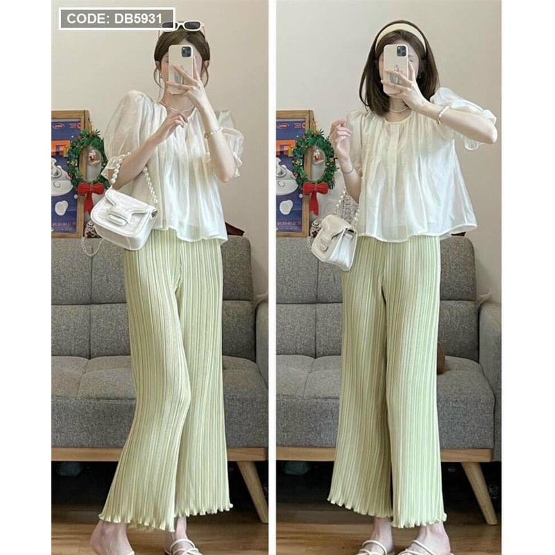 Set áo voan phối quần ống suông dập ly