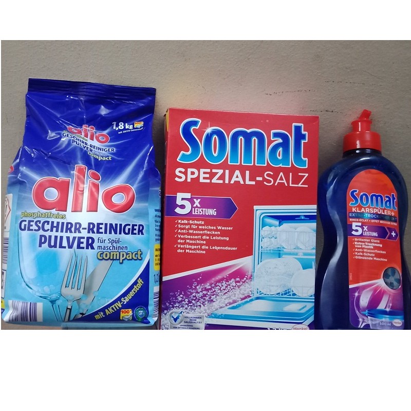 Combo muối rửa bát , bôt rửa bát alio, nước làm bóng somat 500ml