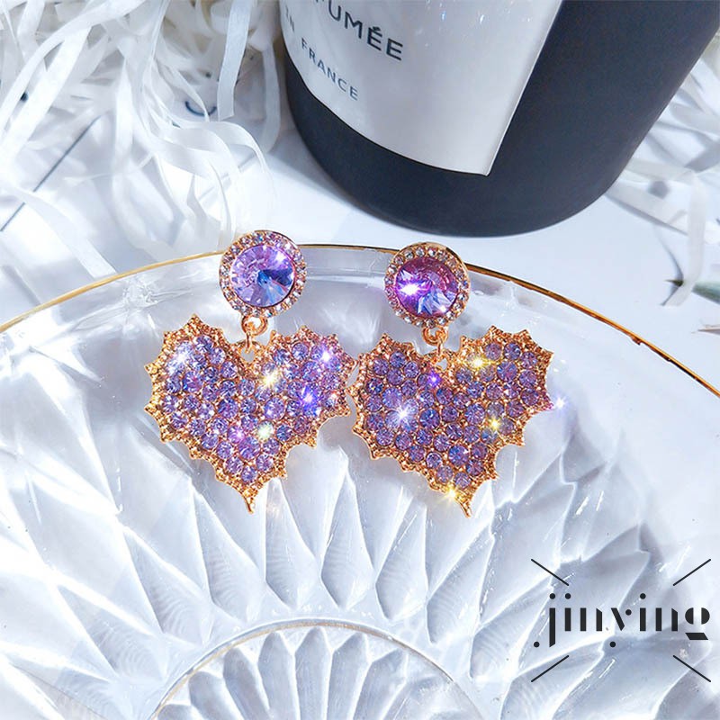 GETNOIVAS Khuyên tai trái tim đính đá pha lê tím phong cách thanh lịch dành cho nữ