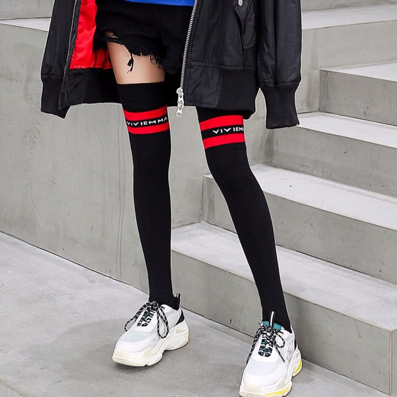 Vớ Dài Qua Gối Màu Trơn Họa Tiết Sọc Vui Nhộn Dễ Thương Phong Cách Lolita